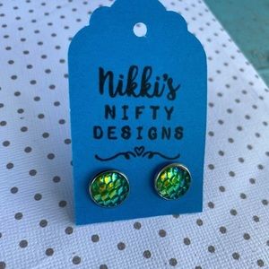 Green mermaid scale hypoallergenic stud earrings